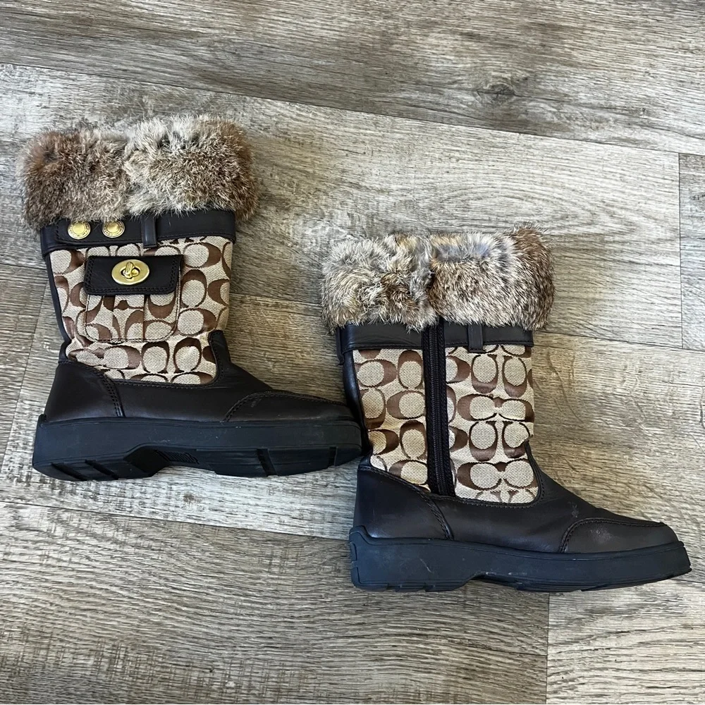 Coach Kimberly Vintage Genuine Rabbit Fur Trim Winter Boots with Coach Logo